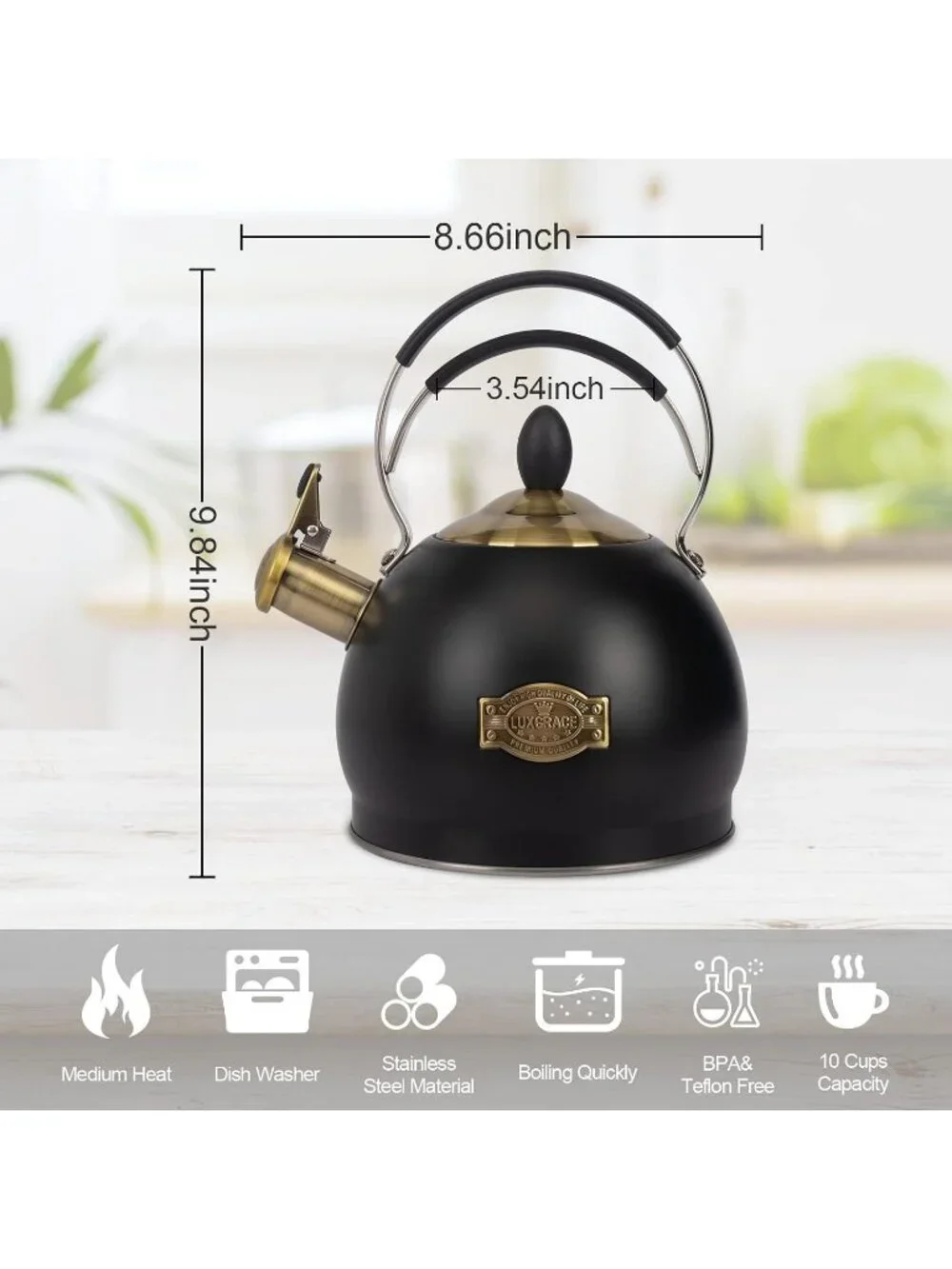 2.6 Quart Black Stainless Steel Kitchen Tea kettle Whistling Stovetop Induction